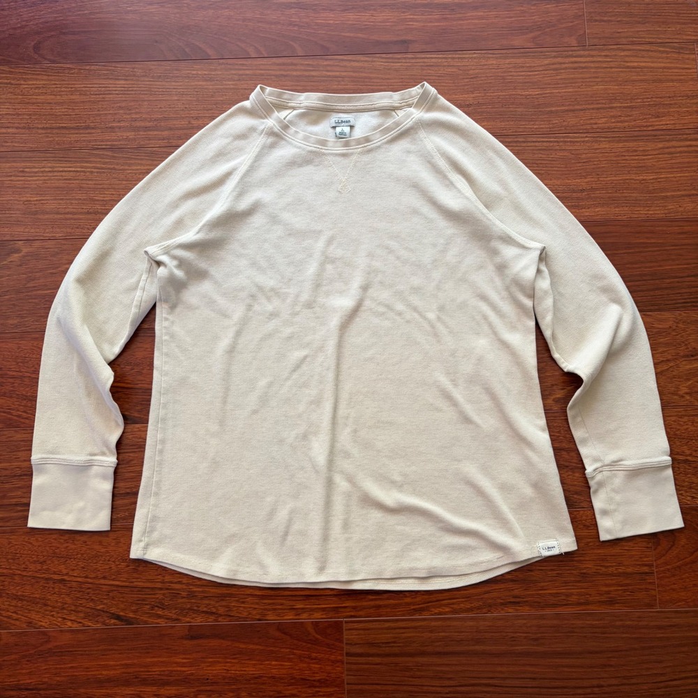 LL Bean Waffle Knit Thermal Long Sleeve Shirt Cream Beige Cotton Blend Size L